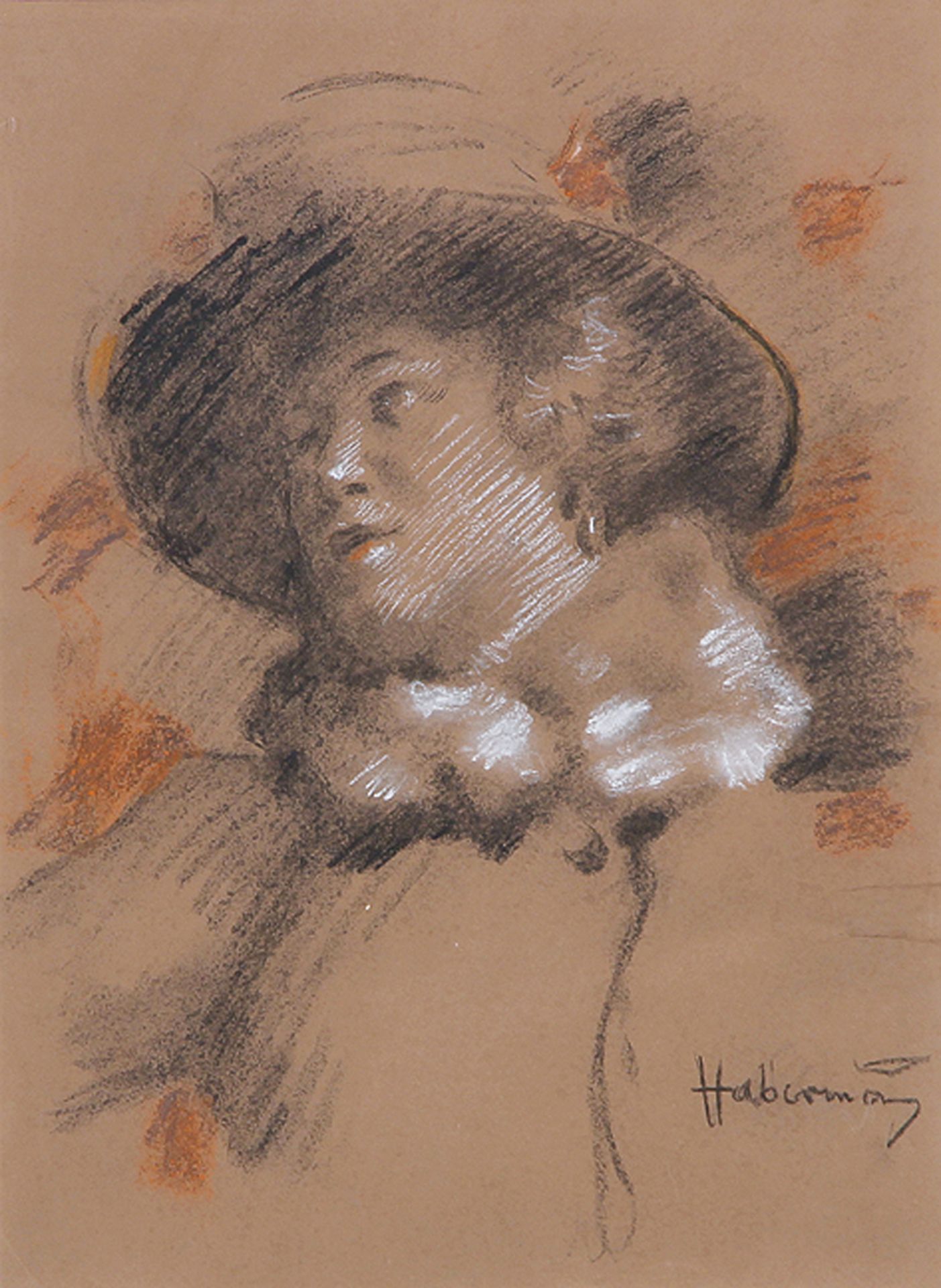 HUGO VON HABERMANN: Bruststück einer Dame mit Hut und Pelzkragen.