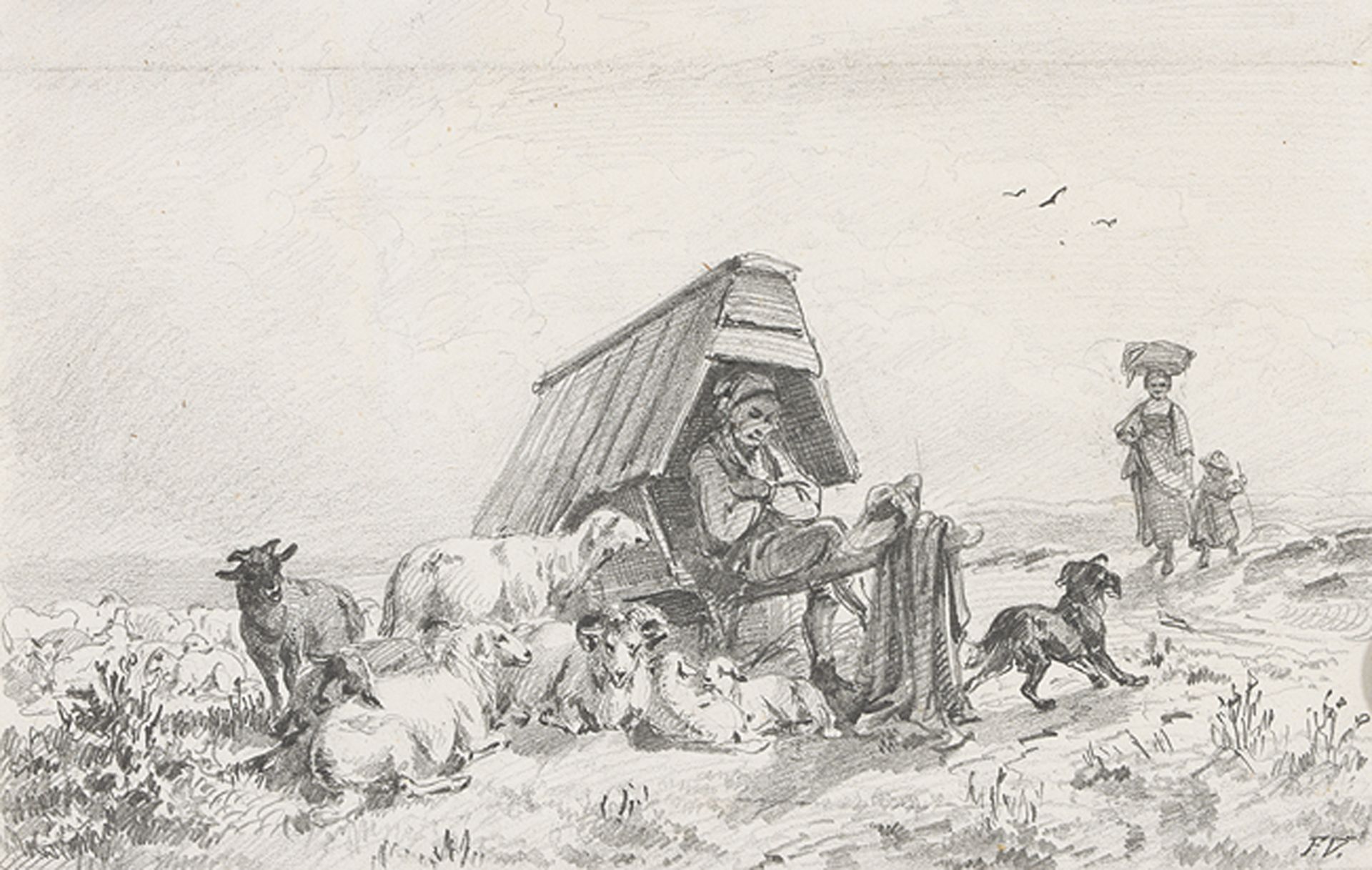 JOHANN FRIEDRICH VOLTZ: Weite Landschaft mit in einem Schäferwagen sitzenden Hirten mit seiner Herd