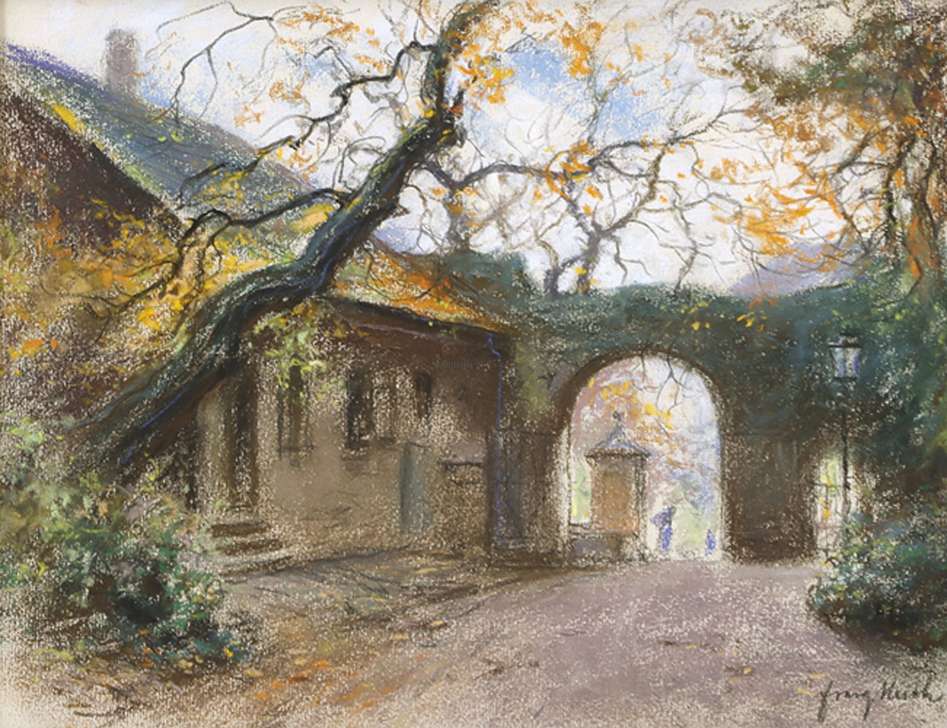 FRANZ HUTH: Portal am Heidelberger Schloß mit kleinem Gartenhaus im Herbst.