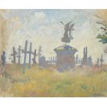 RUSSISCHER KÜNSTLER: Monument mit Posaune blasendem Engel auf einem Friedhof.
