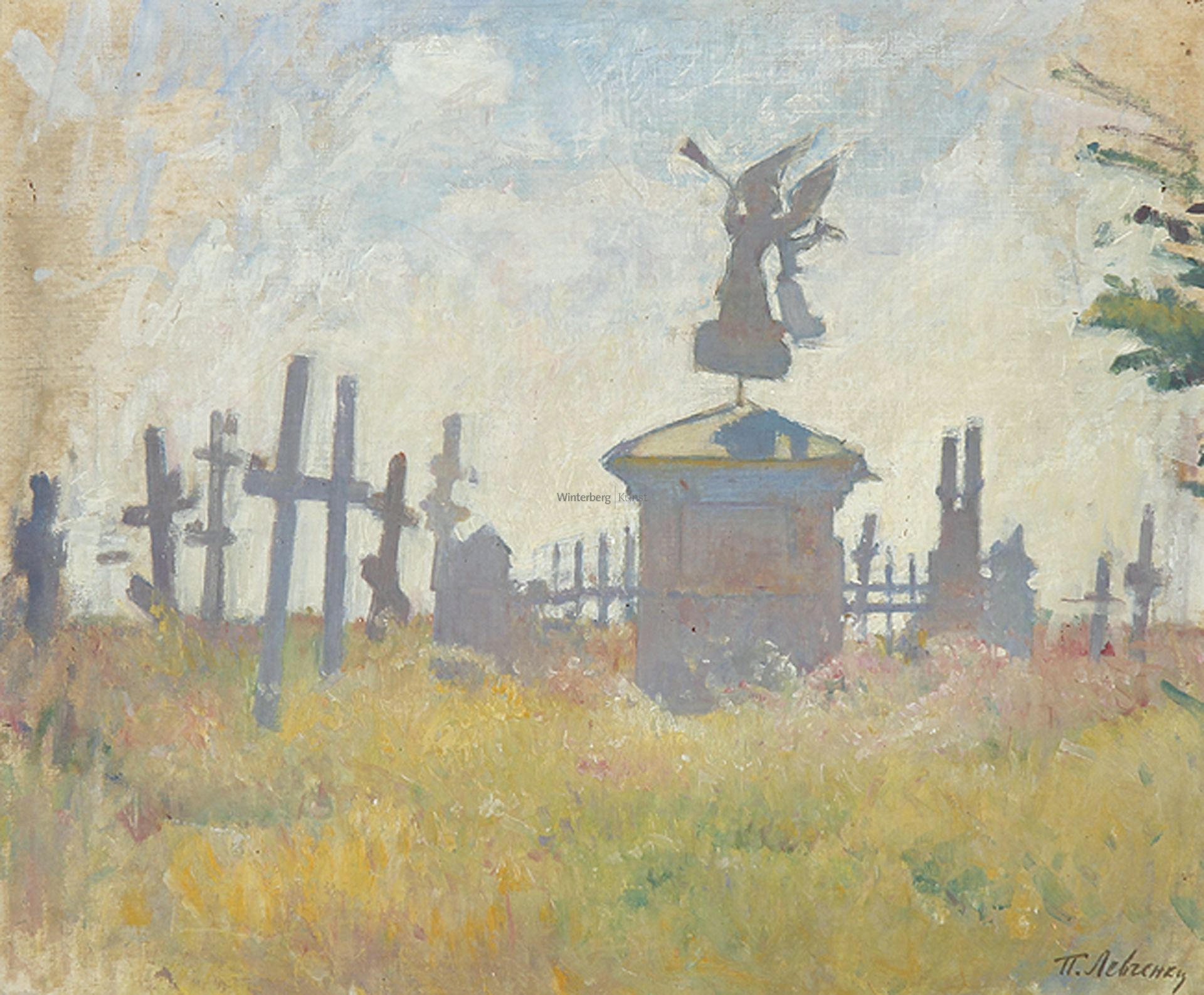 RUSSISCHER KÜNSTLER: Monument mit Posaune blasendem Engel auf einem Friedhof.