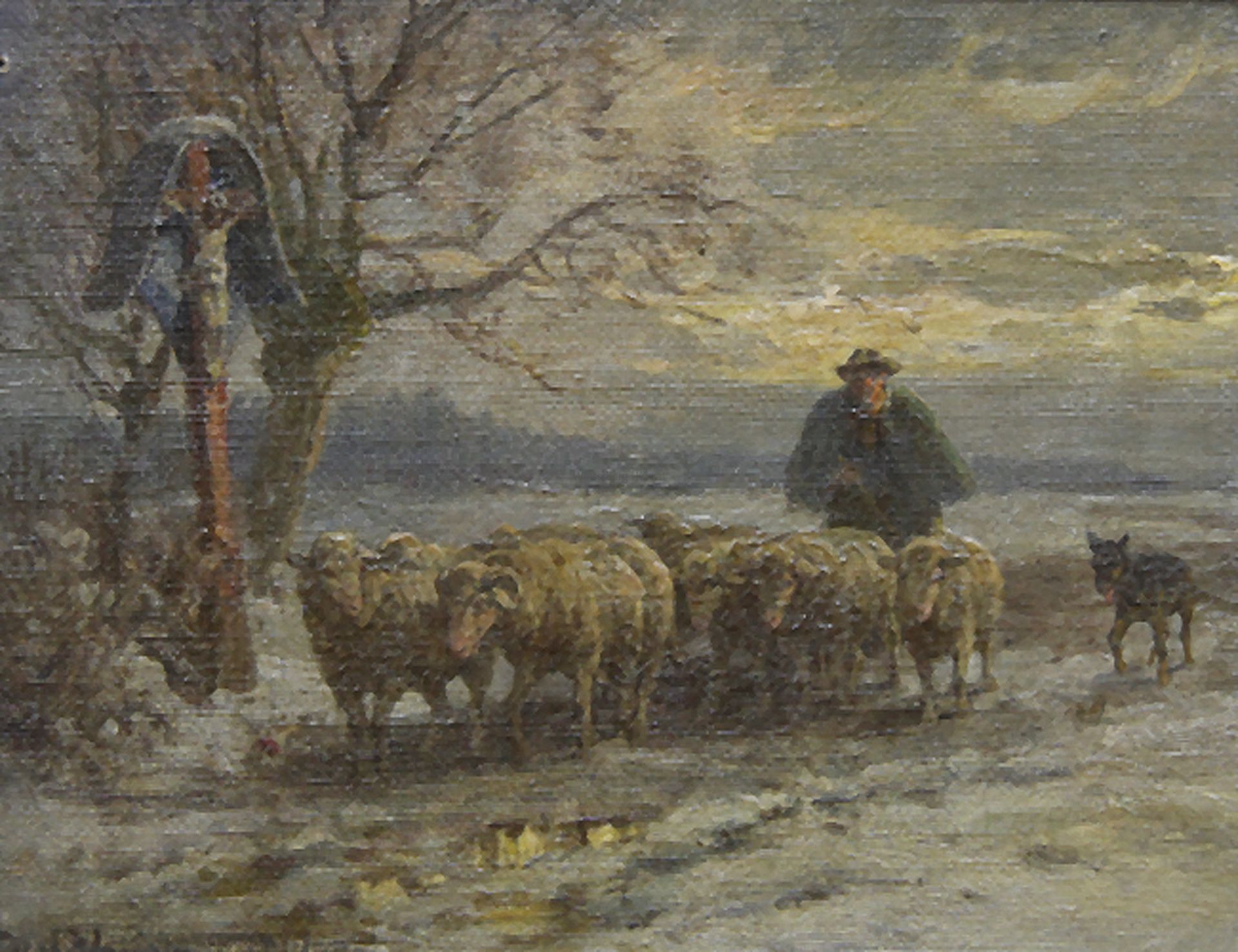 FRITZ VAN DER VENNE: Winterlandschaft mit Schäfer und seiner Herde bei einem Wegkreuz.