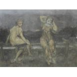 GABRIEL CORNELIUS RITTER VON MAX: Zwei in der Dämmerung auf einem Holzgatter sitzende Mädchen.