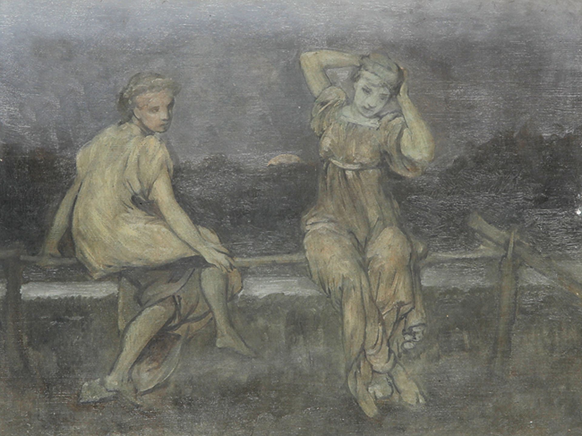 GABRIEL CORNELIUS RITTER VON MAX: Zwei in der Dämmerung auf einem Holzgatter sitzende Mädchen.