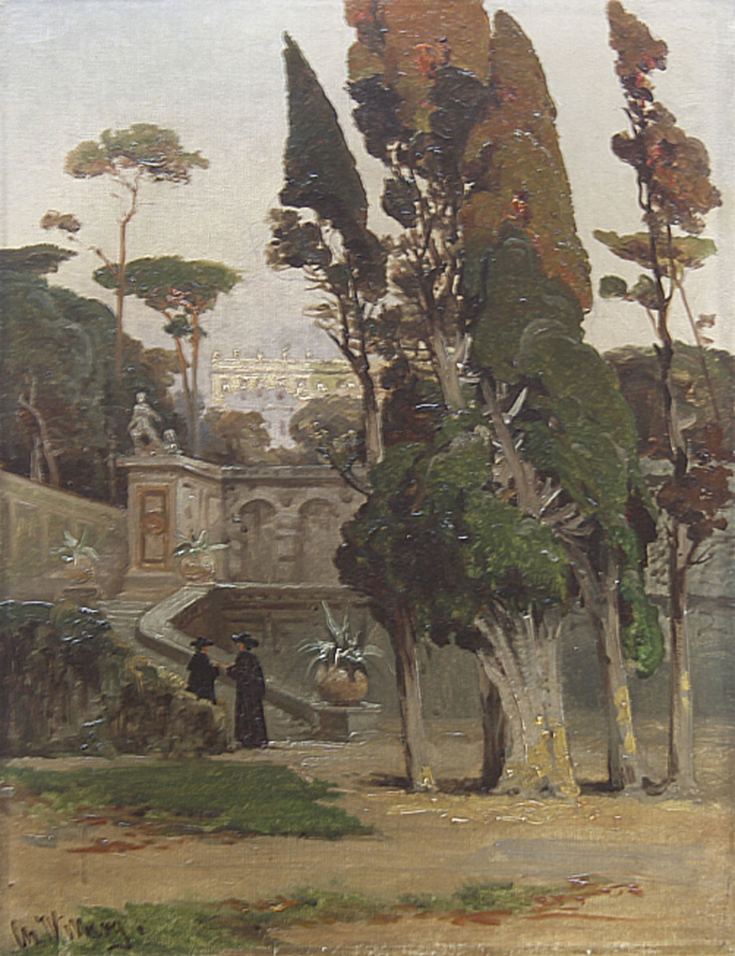 CHRISTIAN WILBERG: Geistliche bei der Treppe einer italienischen Gartenanlage, im Hintergrund eine