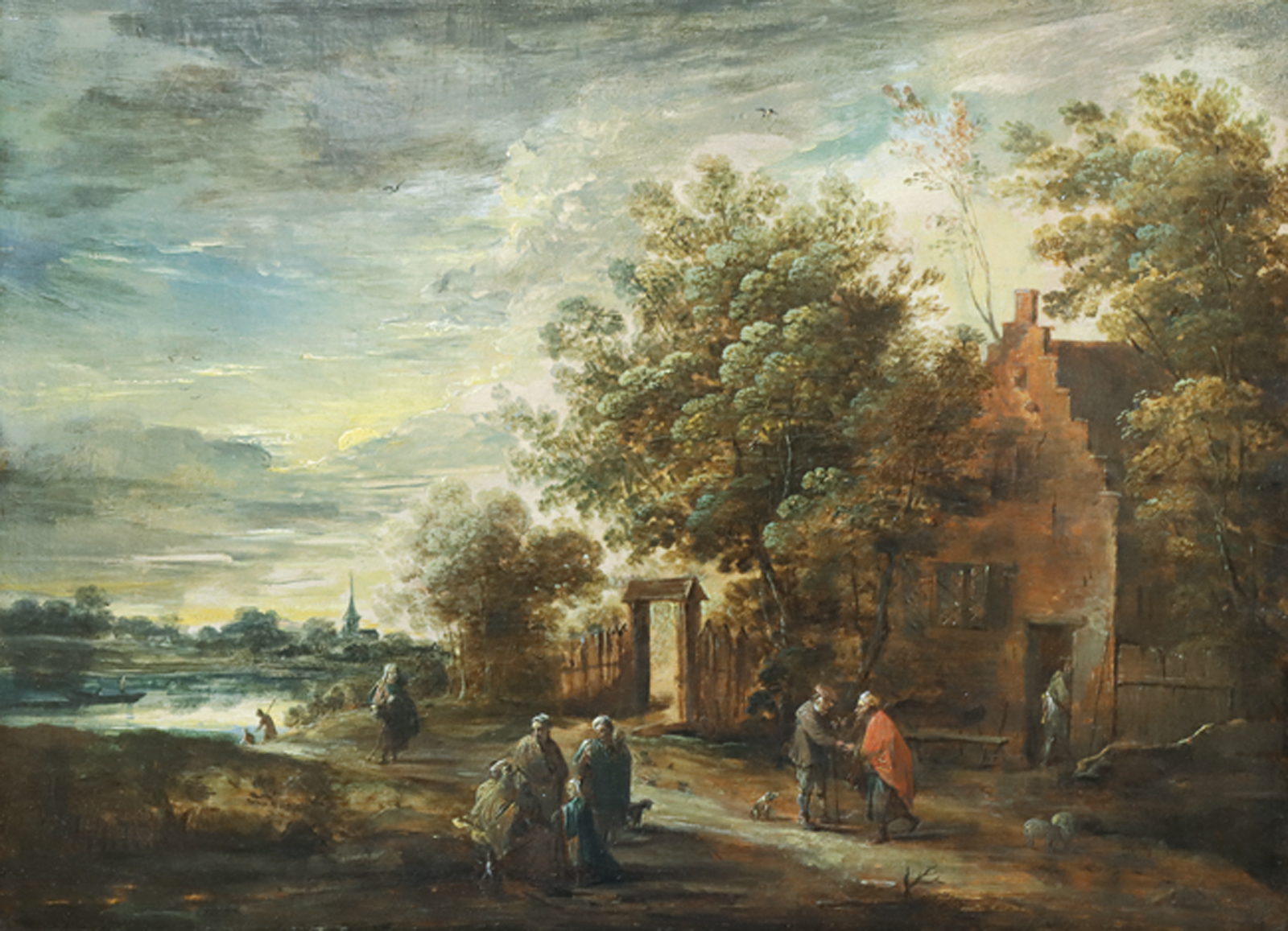 DAVID TENIERS DER JÜNGERE - Umkreis: Landschaft im Abendlicht mit Bauern vor einem Gebäude.