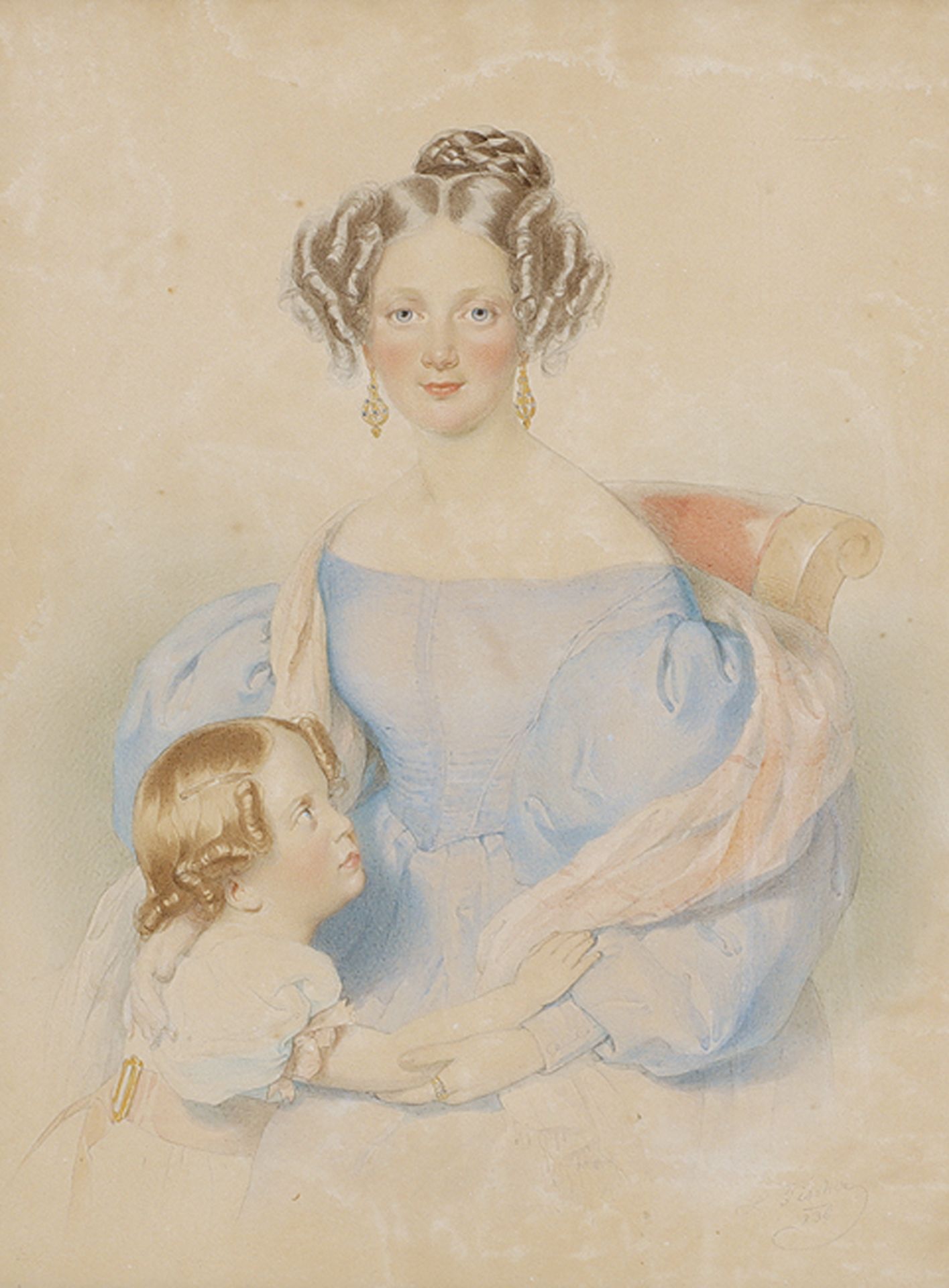LEOPOLD FISCHER: Sitzende Dame im Biedermeiergewand mit ihrem Kind.