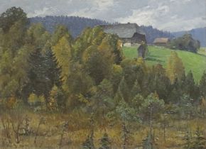 HERMANN DISCHLER: Herbstliche Schwarzwaldlandschaft mit Blick auf den Alten Vogtshof mit Kapelle un