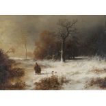 DEUTSCHER KÜNSTLER: Winterlandschaft mit Bäuerin und Kind an einem Seeufer.