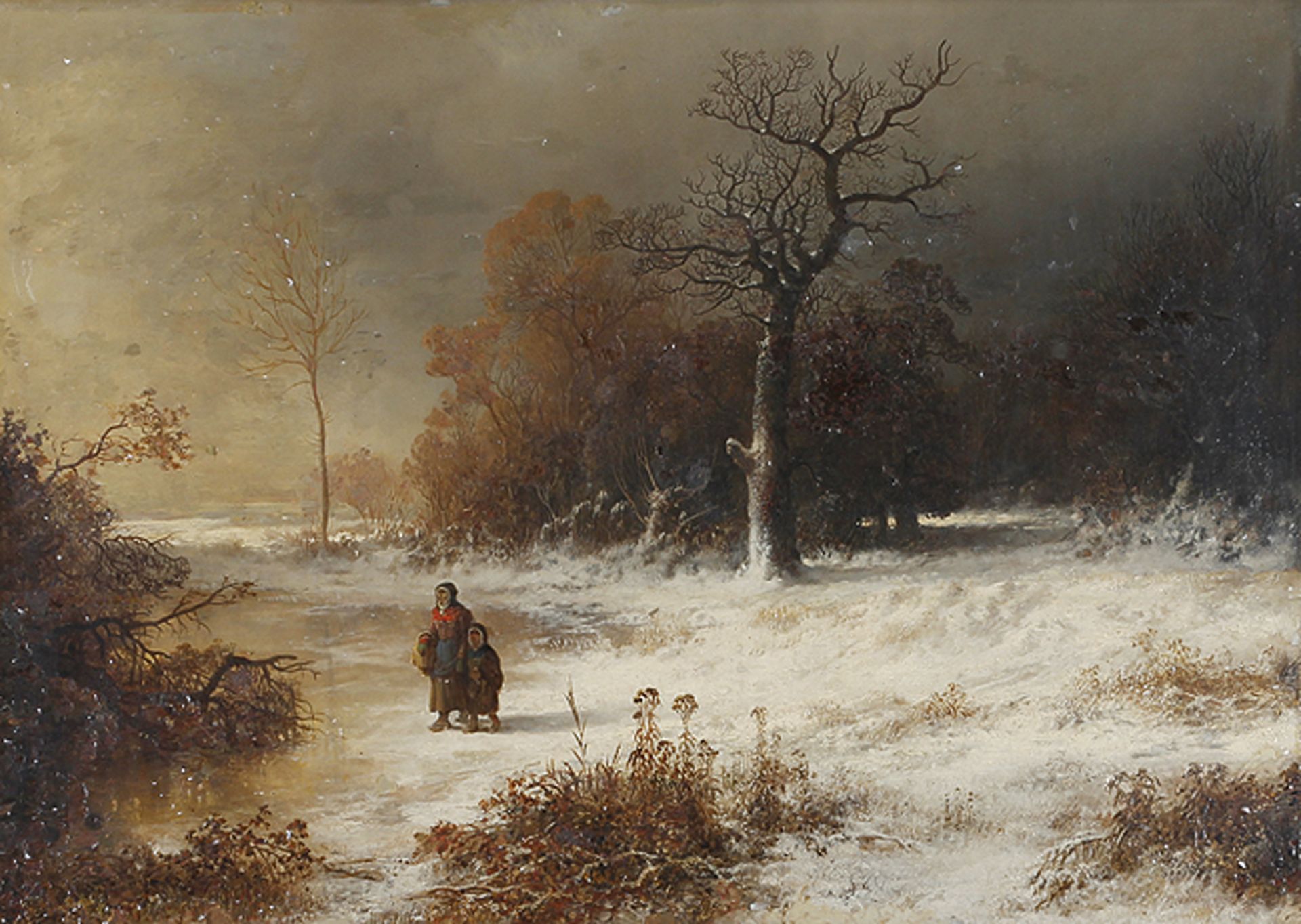 DEUTSCHER KÜNSTLER: Winterlandschaft mit Bäuerin und Kind an einem Seeufer.