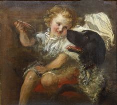 FRITZ VON UHDE: Mädchen mit einem Hund spielend,