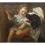 FRITZ VON UHDE: Mädchen mit einem Hund spielend,