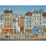 MICHEL DELACROIX: Scène de Rue de Paris avec Montgolfière dans le Ciel.