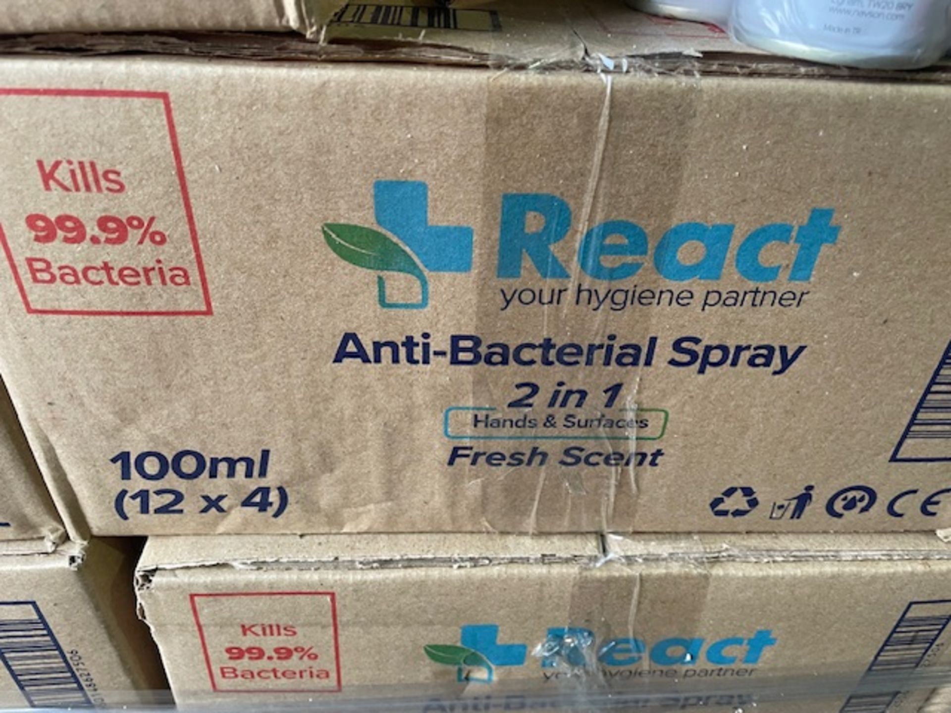 3264 CANS OF REACT ANTI-BACTERIAL SPRAY IN BOXES OF 48 SPRAY CANS ON PALLET INCLUDED - Image 3 of 4