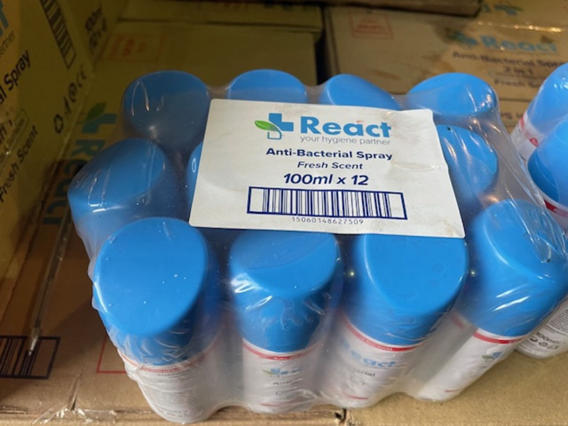 3264 CANS OF REACT ANTI-BACTERIAL SPRAY IN BOXES OF 48 SPRAY CANS ON PALLET INCLUDED - Image 2 of 4