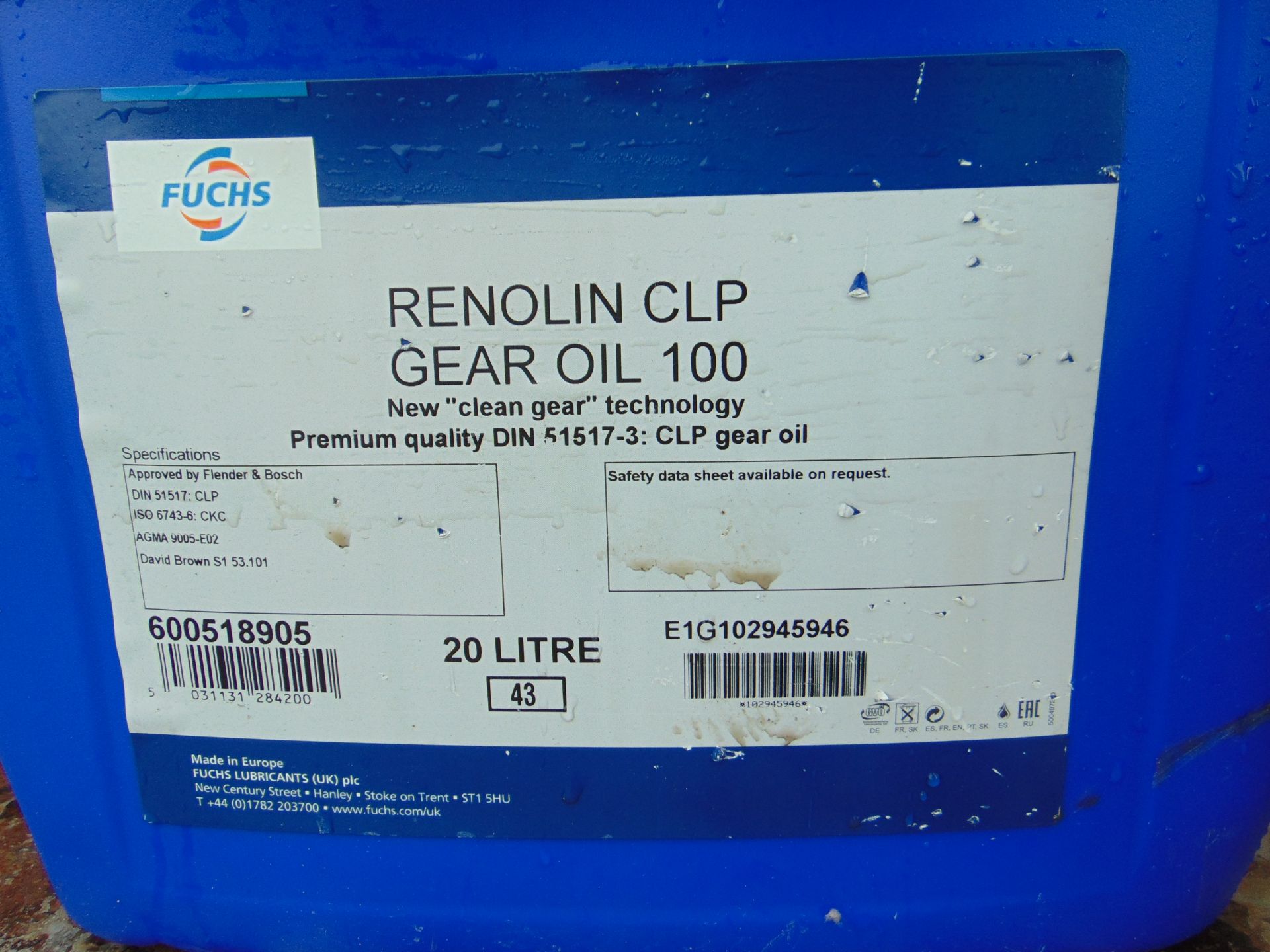 4 x 20 Litre Fuchs Renolin CLP Gear Oil 100 - Image 3 of 3