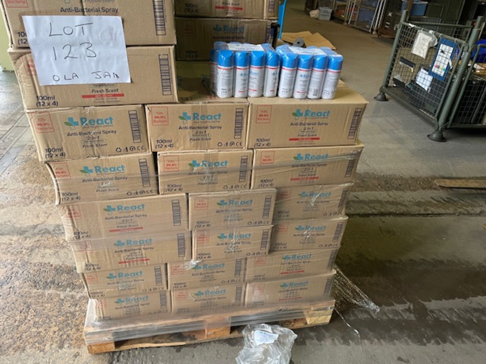 3264 CANS OF REACT ANTI-BACTERIAL SPRAY IN BOXES OF 48 SPRAY CANS ON PALLET INCLUDED