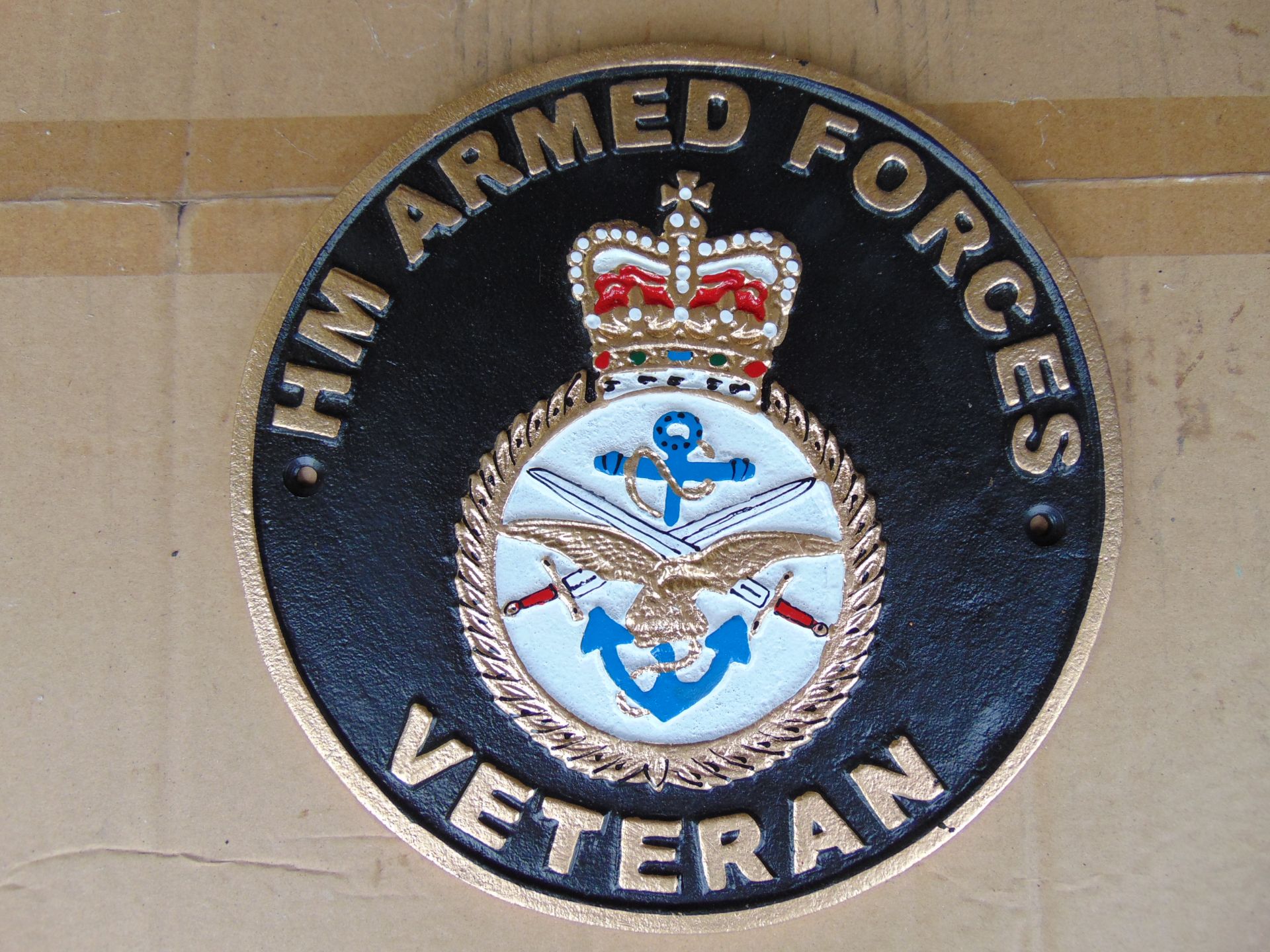 H.M Forces Cast Iron Veterans Hand Painted Wall Plaque, 25cms Dia