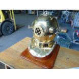 Full Size US Navy MKV Brass Divers Helmet on Wooden Plinth as shown,