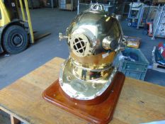 Full Size US Navy MKV Brass Divers Helmet on Wooden Plinth as shown,