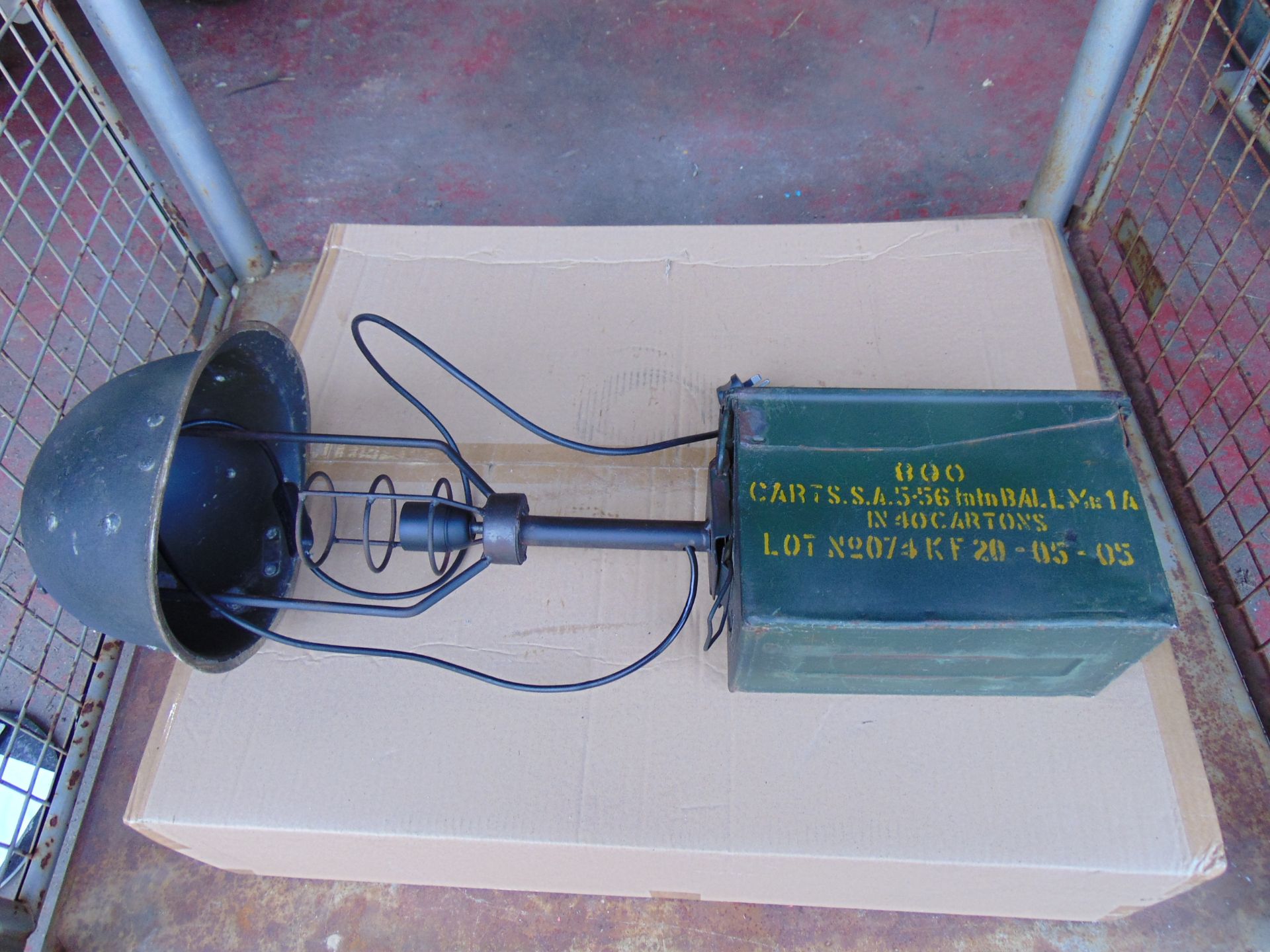 Very Unusual Military Table Lamp Made from Combat Helmet and 50 Cal Ammo Box - Image 8 of 8