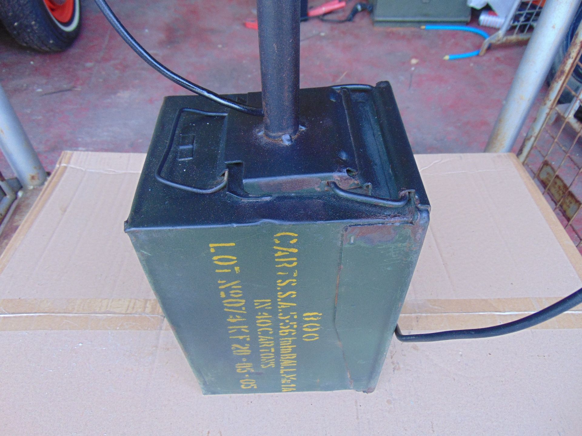 Very Unusual Military Table Lamp Made from Combat Helmet and 50 Cal Ammo Box - Image 4 of 8
