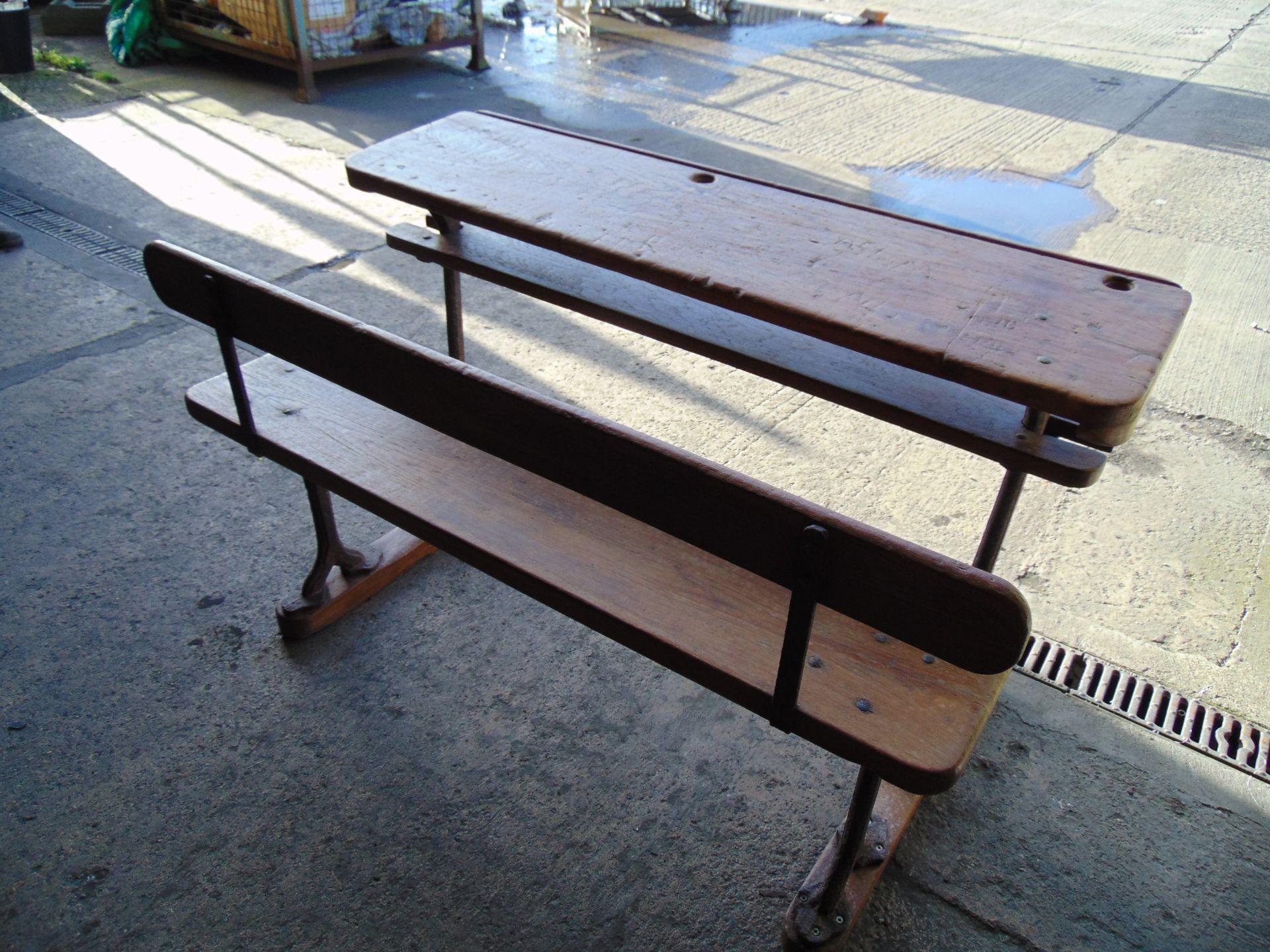 Antique Old School Double Desk Cast Iron and Oak Very Unusual - Image 2 of 8