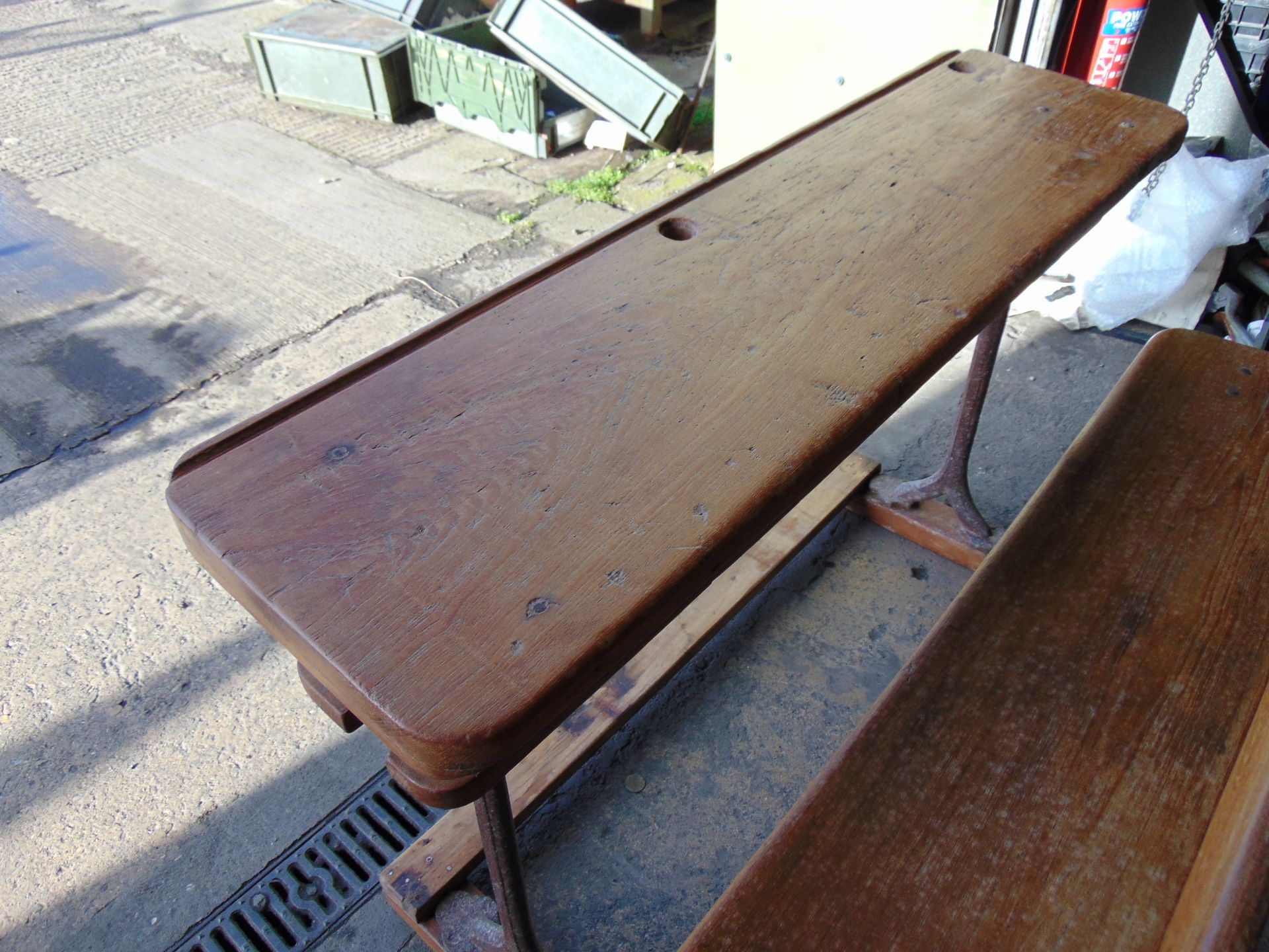 Antique Old School Double Desk Cast Iron and Oak Very Unusual - Image 8 of 8