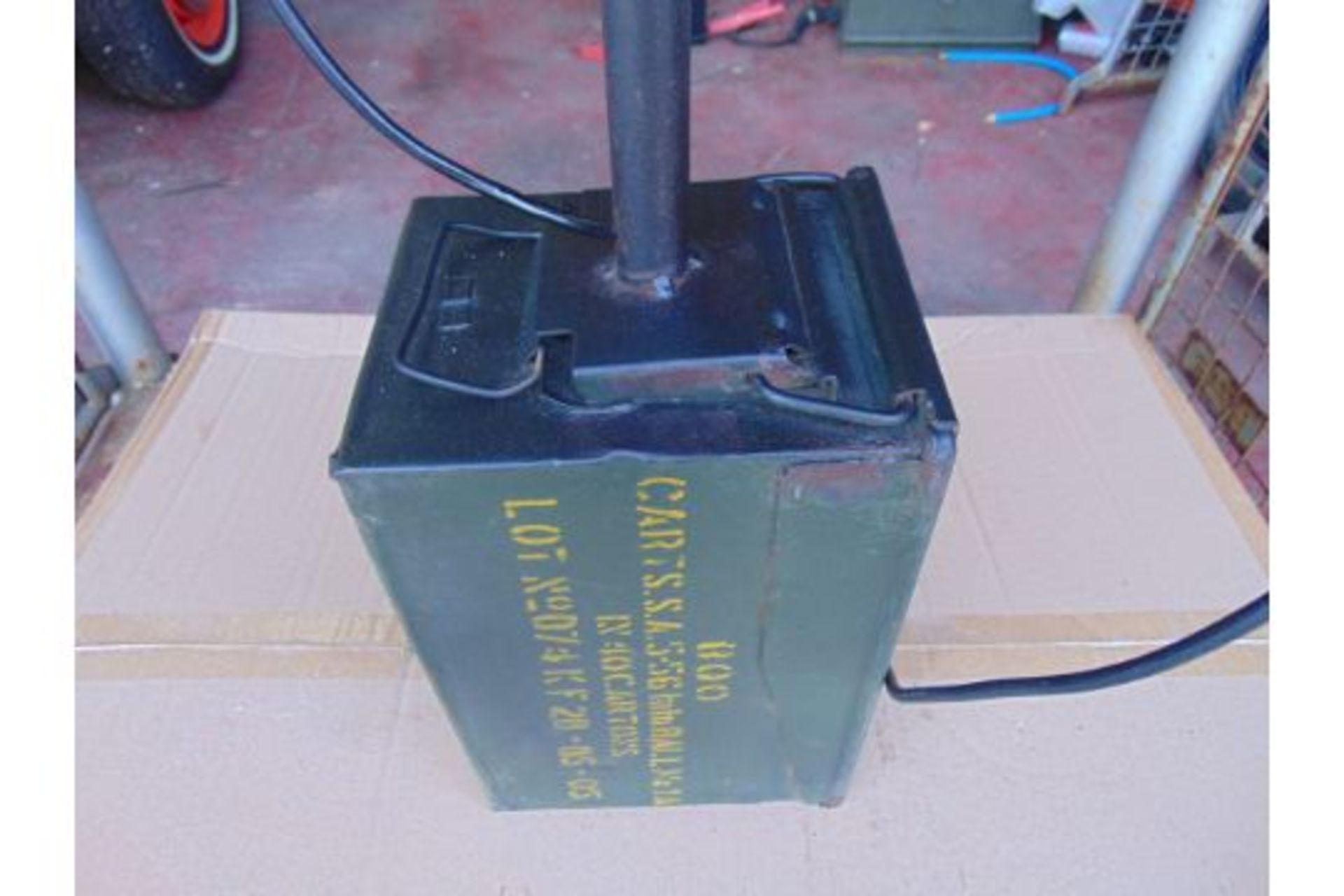 Very Unusual Military Table Lamp Made from Combat Helmet and 50 Cal Ammo Box - Image 4 of 8