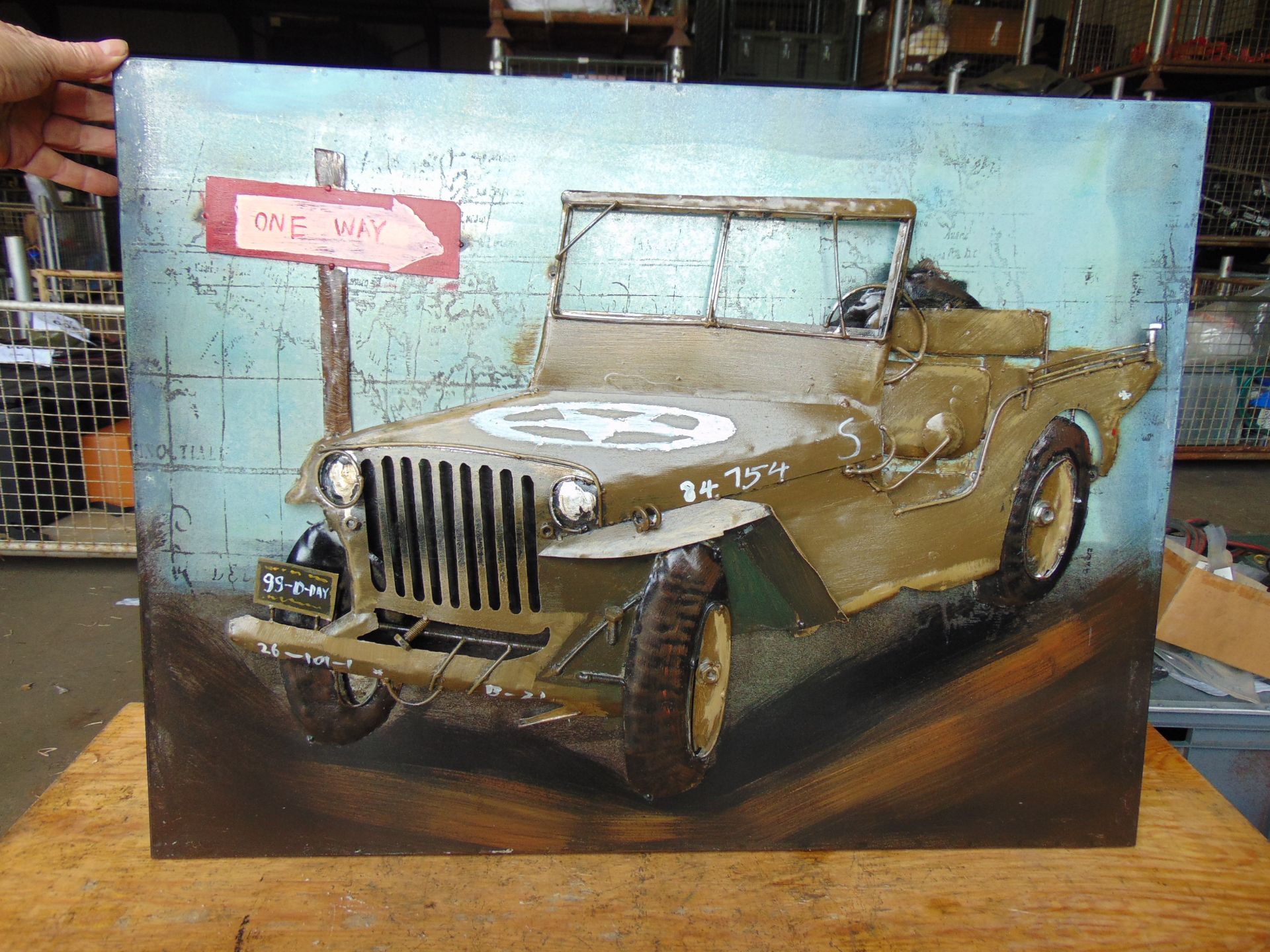 Very Unusual Unique Metal 3D WW2 Jeep Hanging Sign 84 x 64 cms