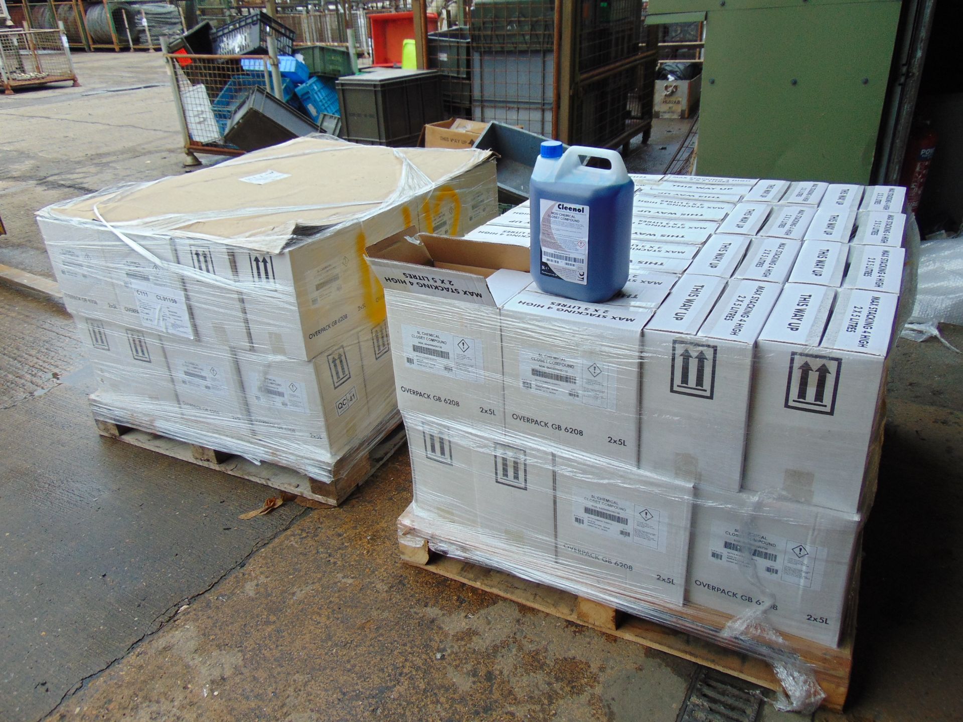 146 x (5 Litre Cans 2 Pallets Cleenol Chemical Toilet Compound, New Unissued MoD Reserve Stocks