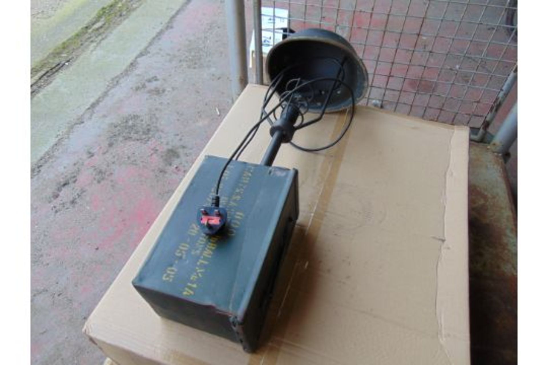 Very Unusual Military Table Lamp Made from Combat Helmet and 50 Cal Ammo Box - Image 6 of 8