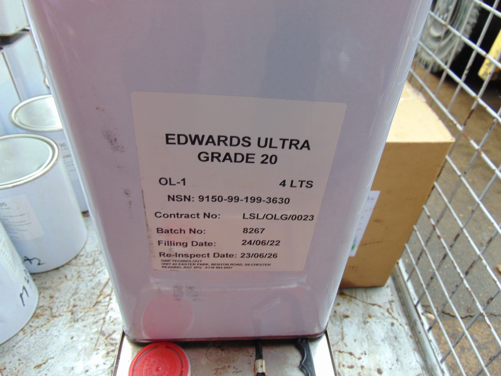 4 x 4 Litre Cans of Edwards Ultra Grade 20 Vacuum Pump Oil, New Unissued MoD Reserve Stocks - Image 2 of 3