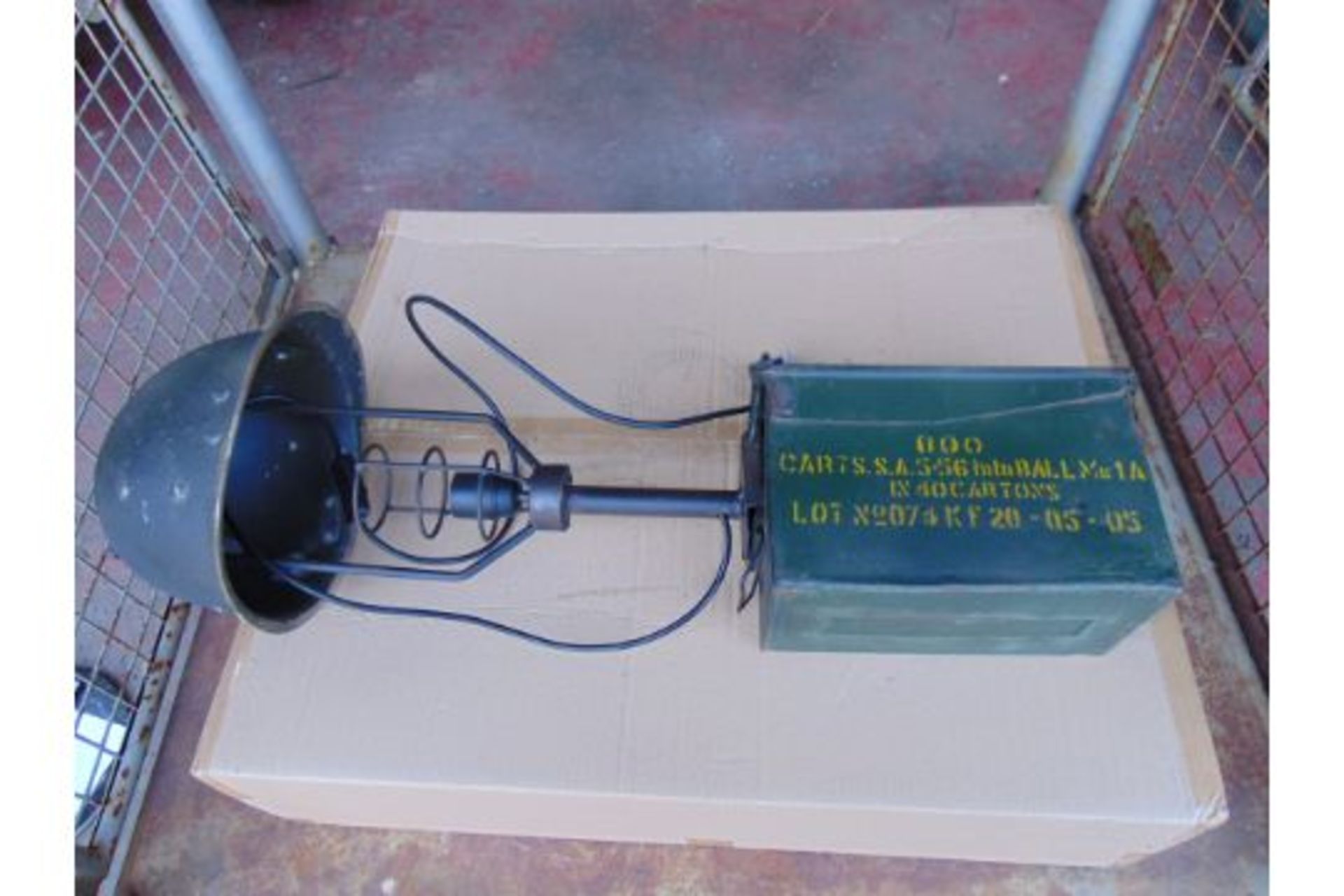 Very Unusual Military Table Lamp Made from Combat Helmet and 50 Cal Ammo Box - Image 8 of 8