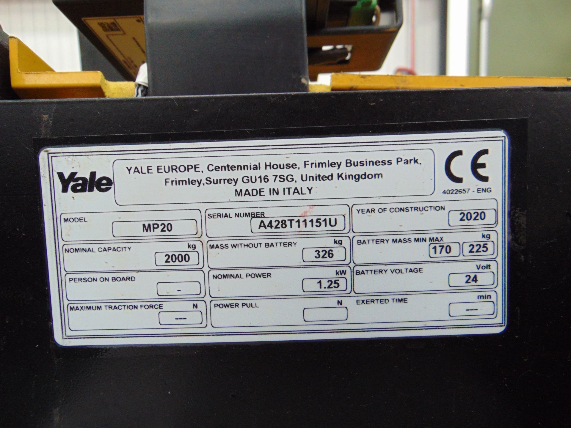 2020 Yale MP20 Electric Pallet Jack w/ Battery Charger Unit - Image 22 of 23