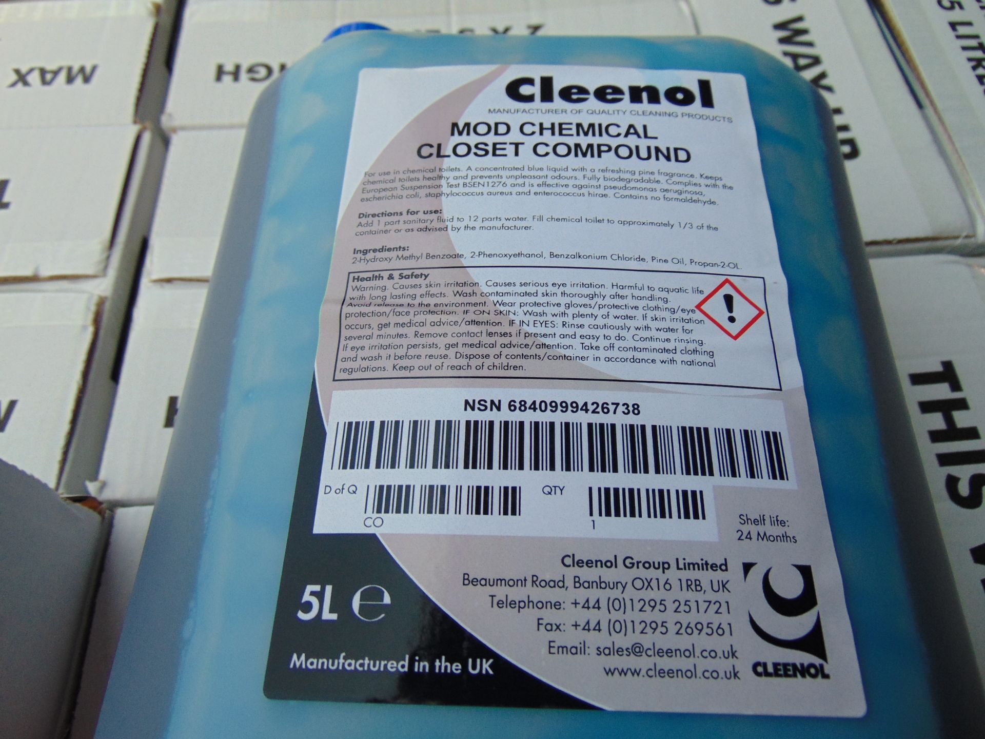 160 x (5 Litre Cans 2 Pallets Cleenol Chemical Toilet Compound, New Unissued MoD Reserve Stocks - Image 3 of 5