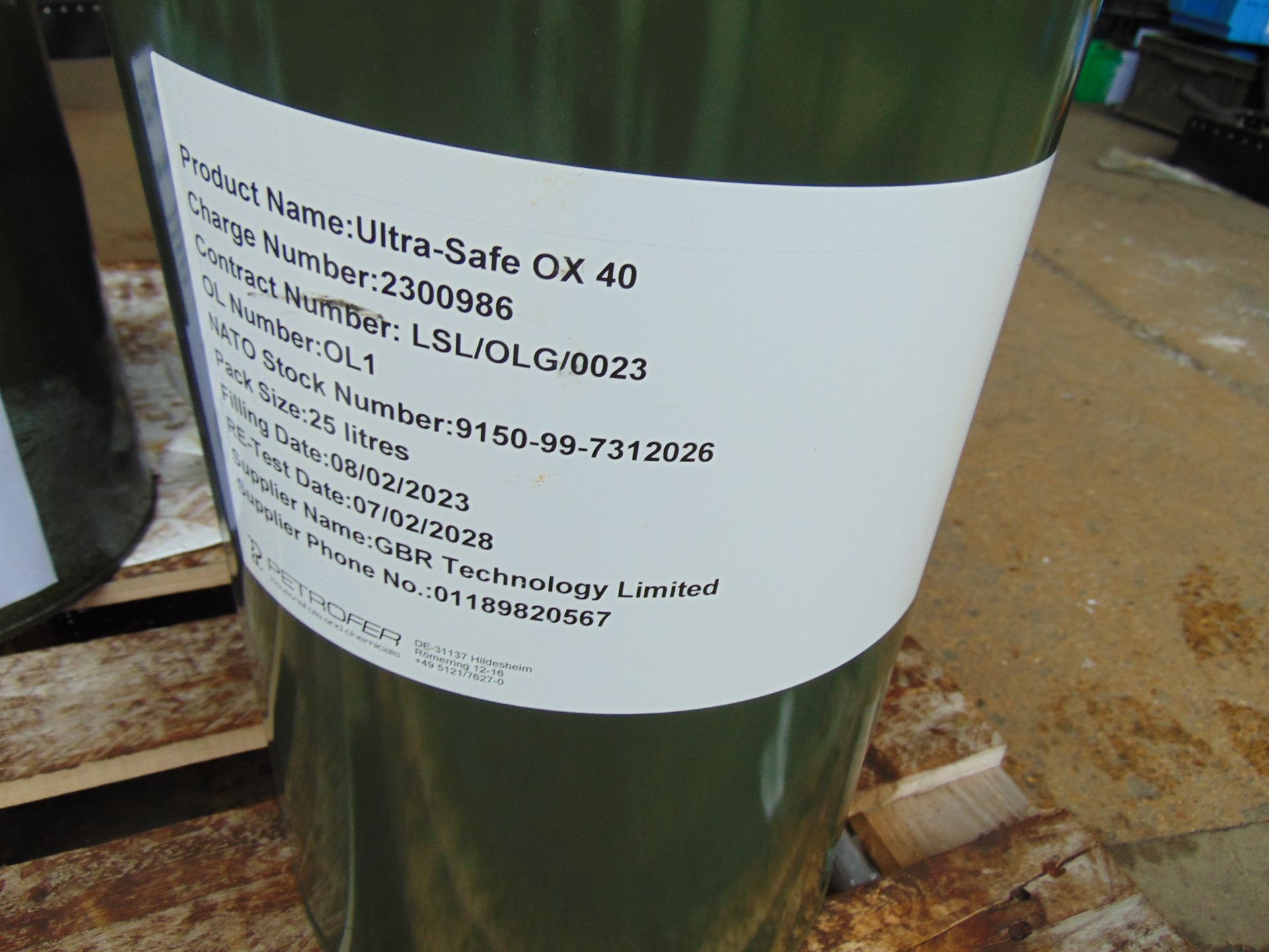 3 x 25 Litre Drums of Ultra Safe OX40 Fire Resistant Hydraulic Oil, New Unissued MoD Reserve Stocks - Image 2 of 4