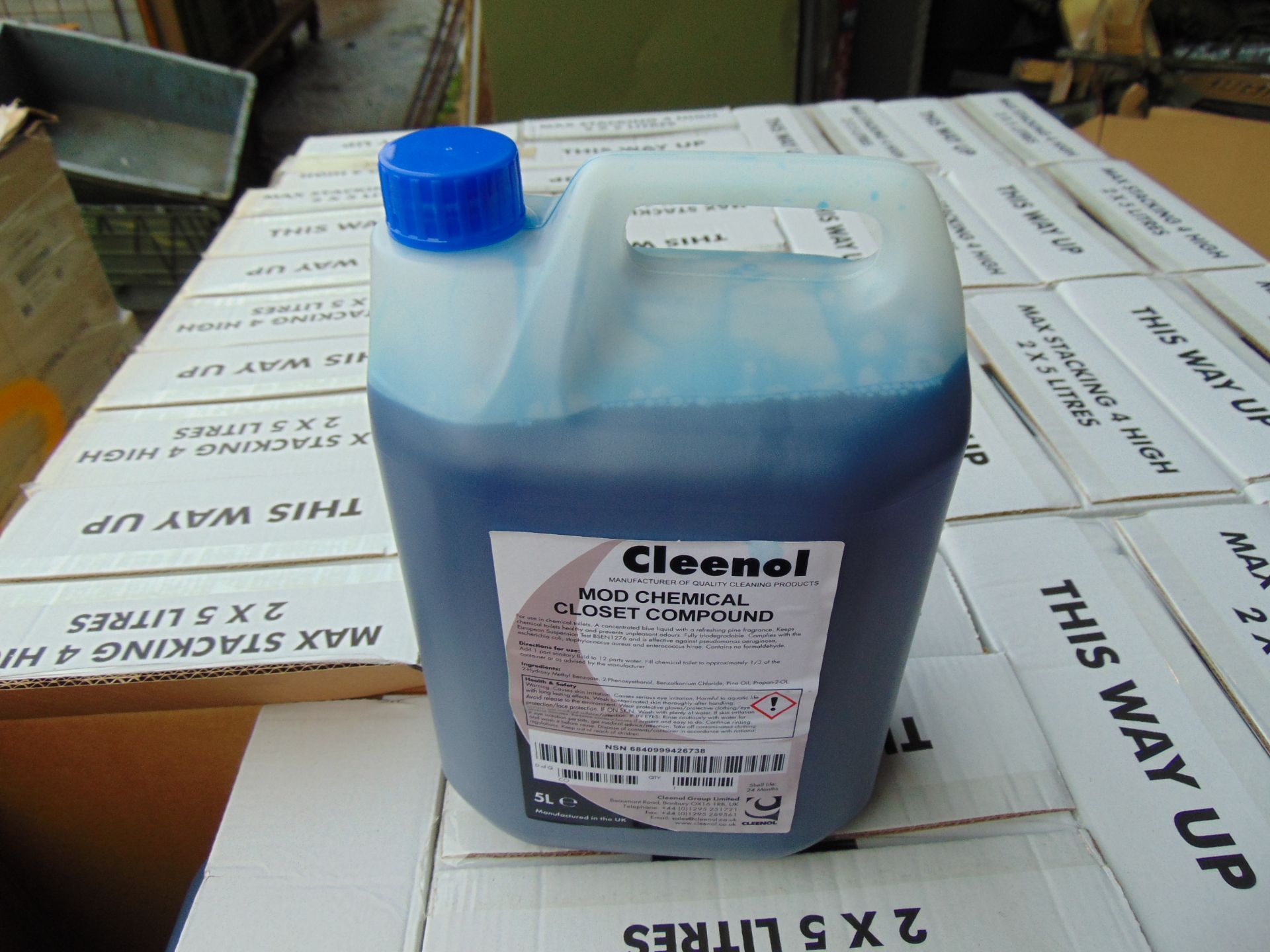 146 x (5 Litre Cans 2 Pallets Cleenol Chemical Toilet Compound, New Unissued MoD Reserve Stocks - Image 2 of 5