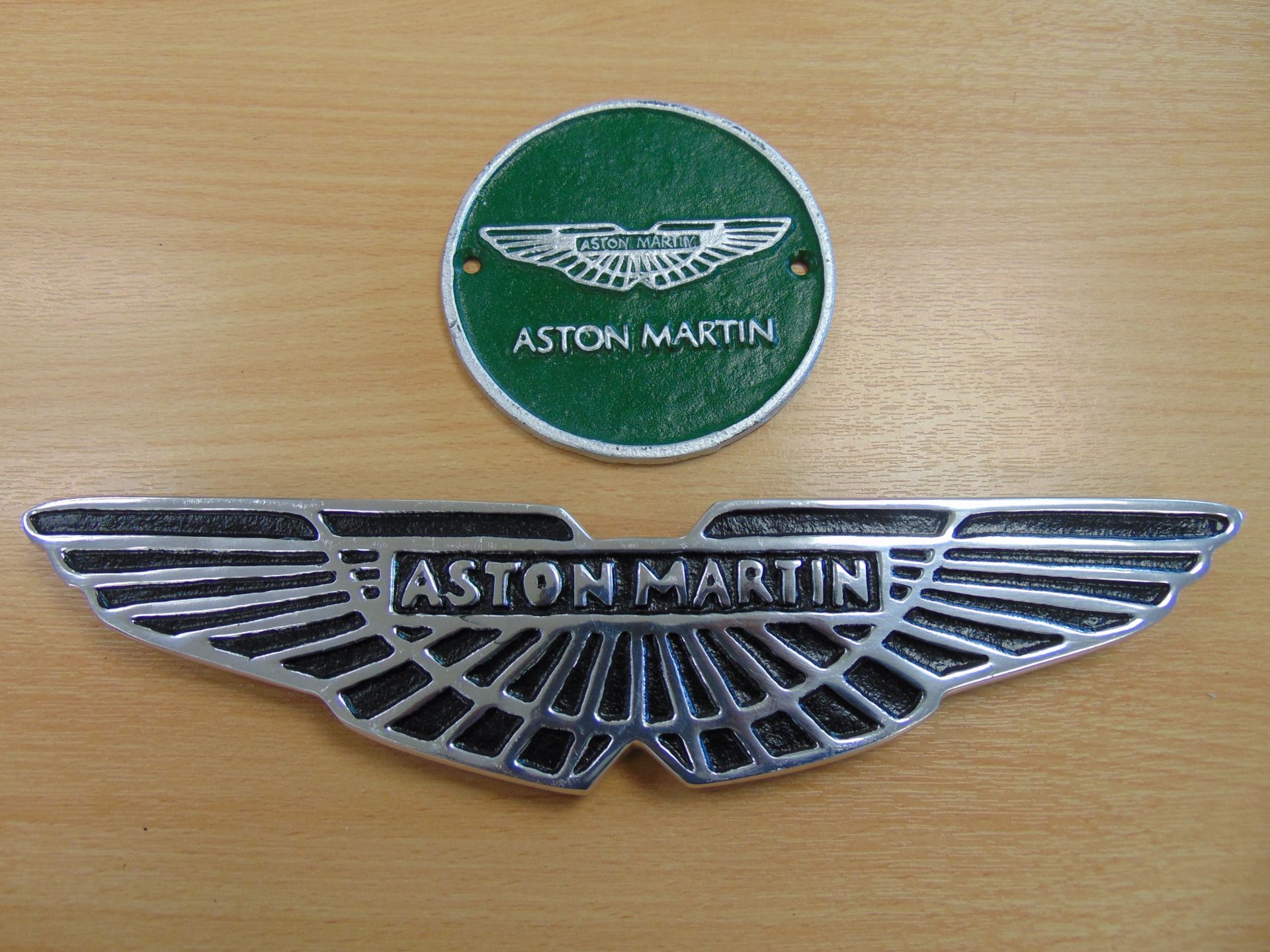 2 x Aston Martin Polished Aluminium Signs and Plaque
