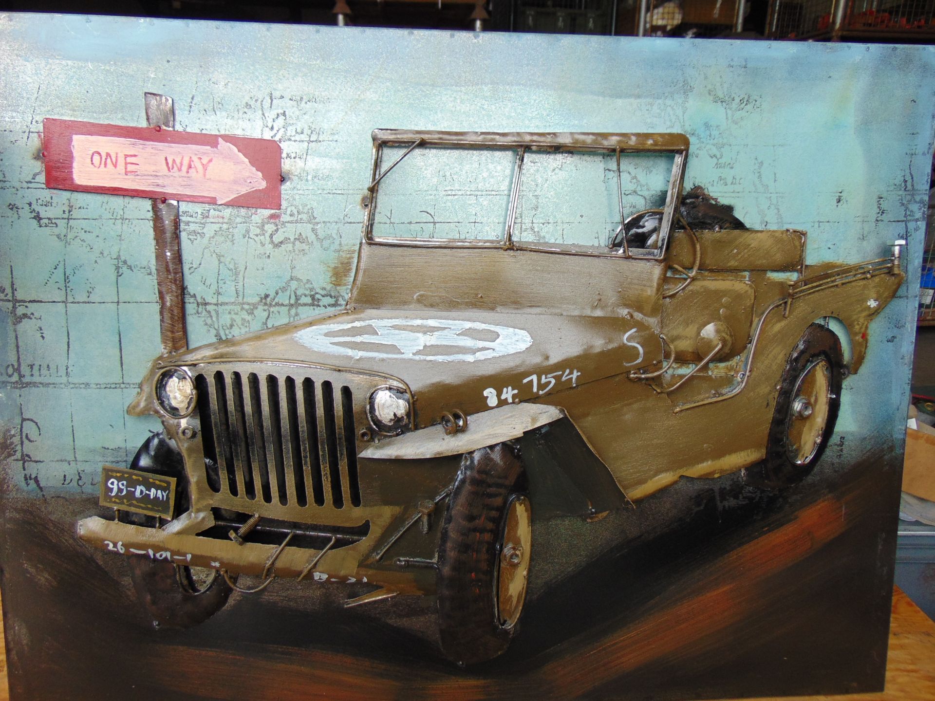 Very Unusual Unique Metal 3D WW2 Jeep Hanging Sign 84 x 64 cms - Image 2 of 5