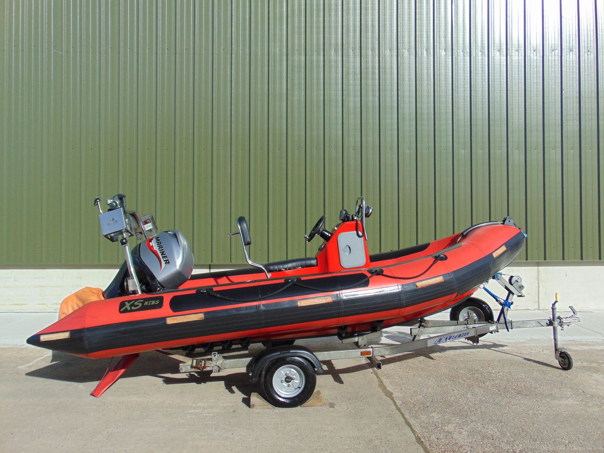 XS-Ribs 4.6M Inflatable w/ Mercury Mariner Four Stroke EFI 60HP Outboard Motor on Trailer.