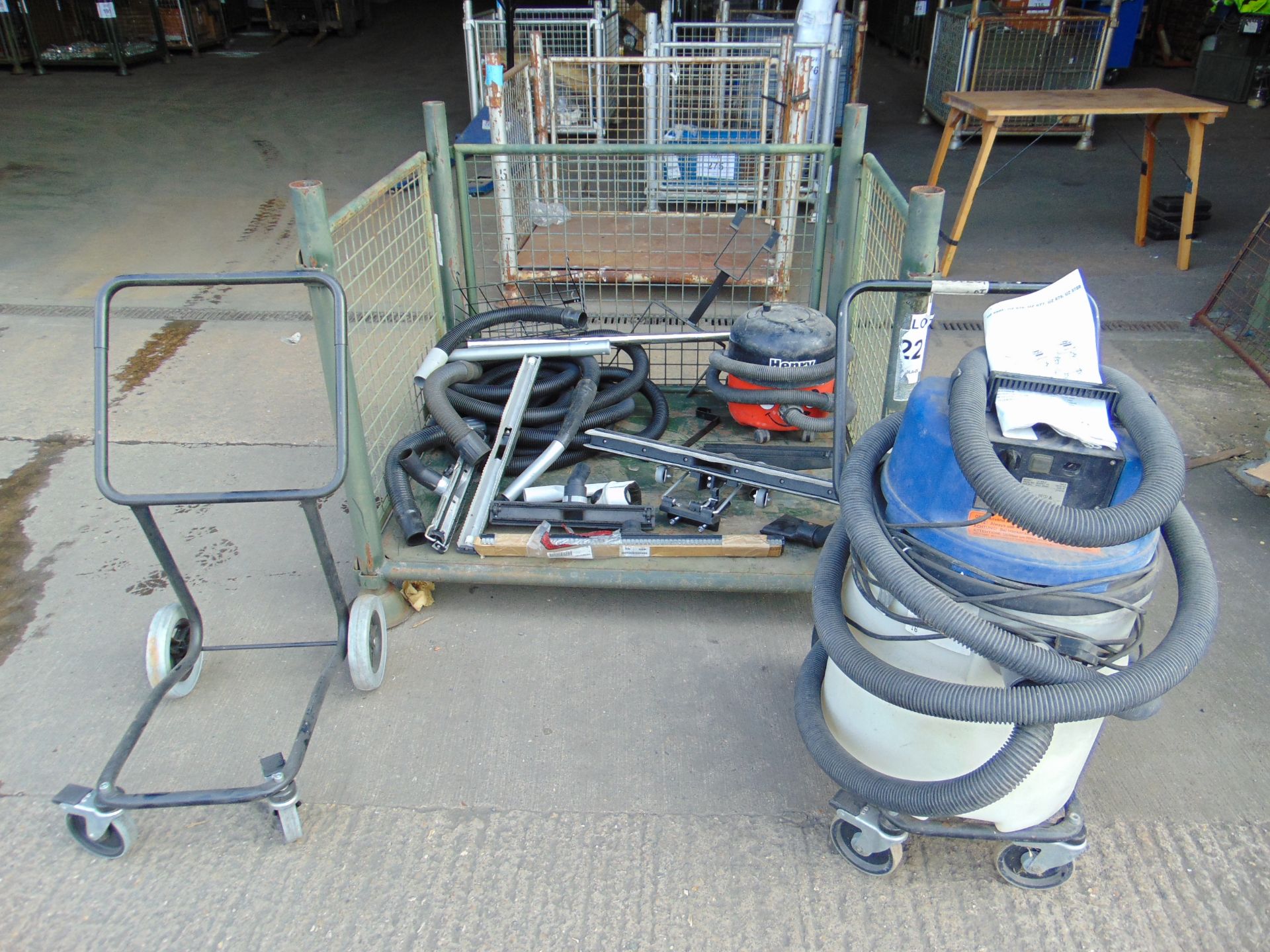 1 x Euroclean Shop Vacuum & Henry Vacuum w/ Trolley, Piping, Various Attachments etc.