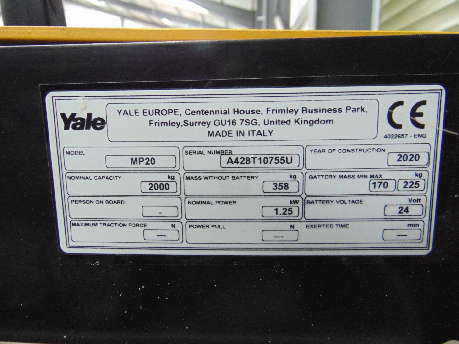 2020 Yale MP20 Electric Walk-Behind Pallet Truck w/ Battery Transfer Carriage & Battery Charger - Image 10 of 25