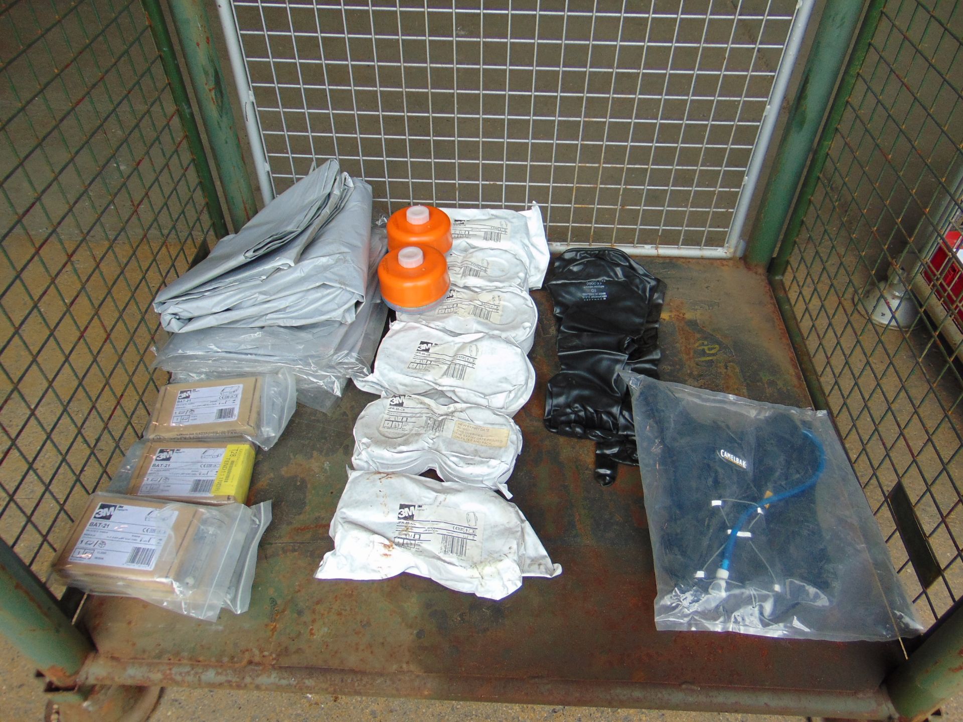 Stillage of 3M Filter Cartridges, Plastic Sheets, Camelback Personal Hydrator, HD Rubber Gloves etc.