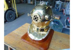 Full Size US Navy MKV Brass Divers Helmet on Wooden Plinth as shown,