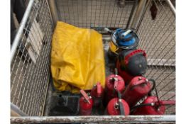 1 X STILLAGE : VACUUMS, UNUSED TARPAULIN, FIRE EXTIGUISHERS...ETC