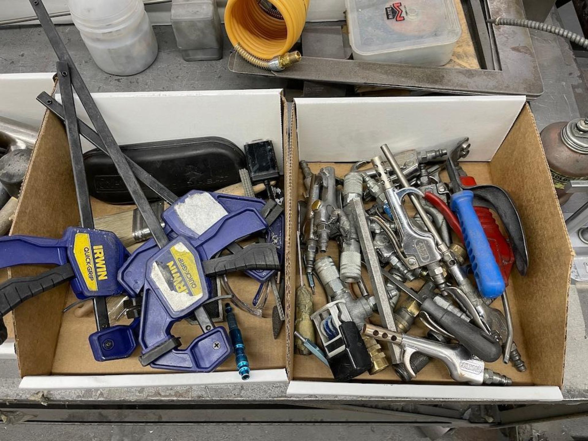 ASSORTED HAND TOOLS, PNEUMATIC, GLOVES, TAPE DISPENSERS, HEIGHT GAUGE, PLUNGER CANS, W 3 HD STEEL - Image 2 of 16