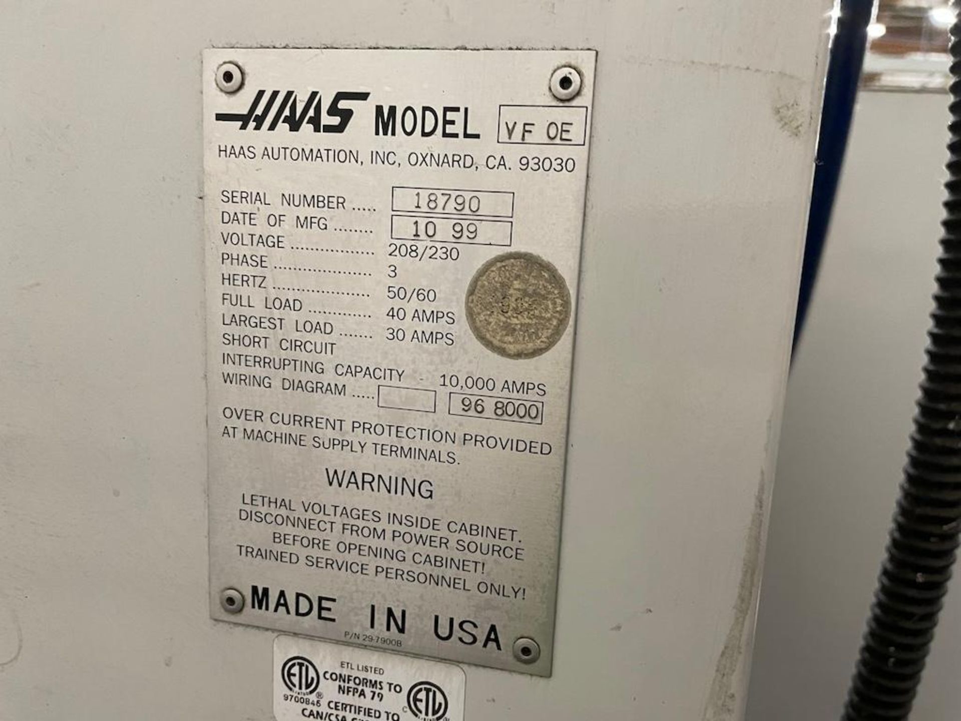 HAAS CNC VMC MODEL VFOE, 20 ATC, CAT 40, 36 IN X 14 IN TABLE, 7,000 RPM, PROGRAMMABLE COOLANT - Image 8 of 8