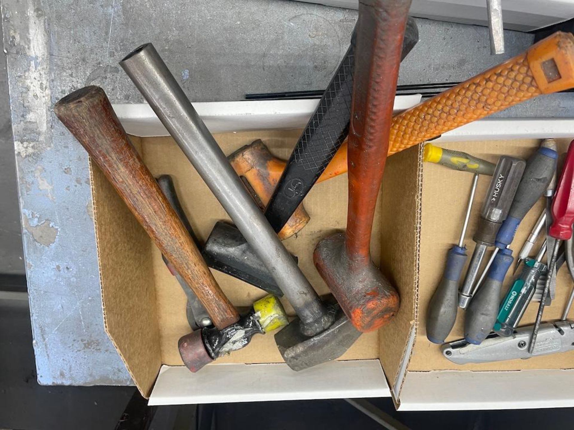 ASSORTED HAND TOOLS, PNEUMATIC, GLOVES, TAPE DISPENSERS, HEIGHT GAUGE, PLUNGER CANS, W 3 HD STEEL - Image 15 of 16