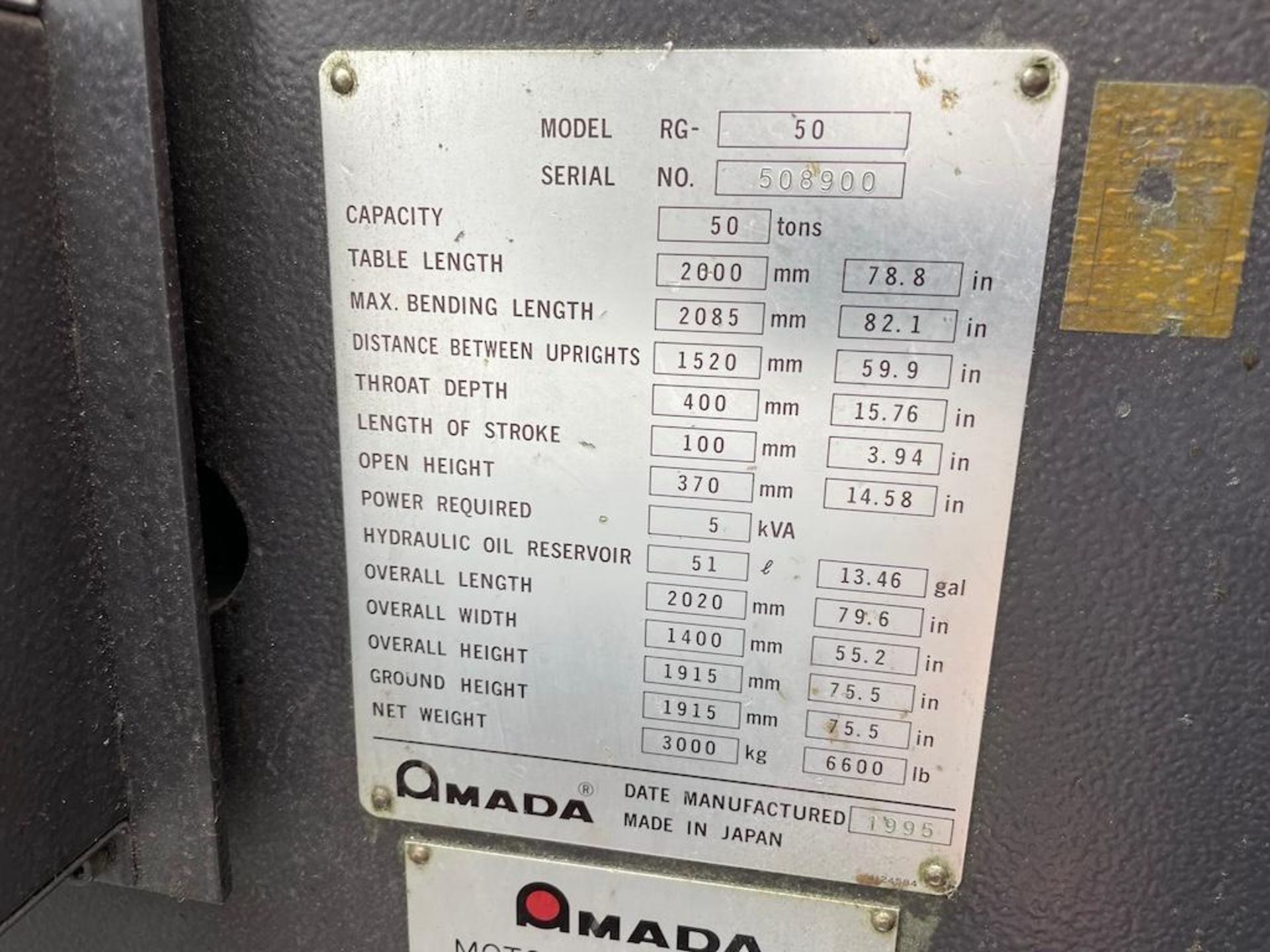 AMADA 50 TON PRESS BRAKE MODEL RG 50, 78.8 IN BED, 15.76 THROAT, NC9-EXII CONTROLS, 2 AXIS BACK - Image 5 of 6